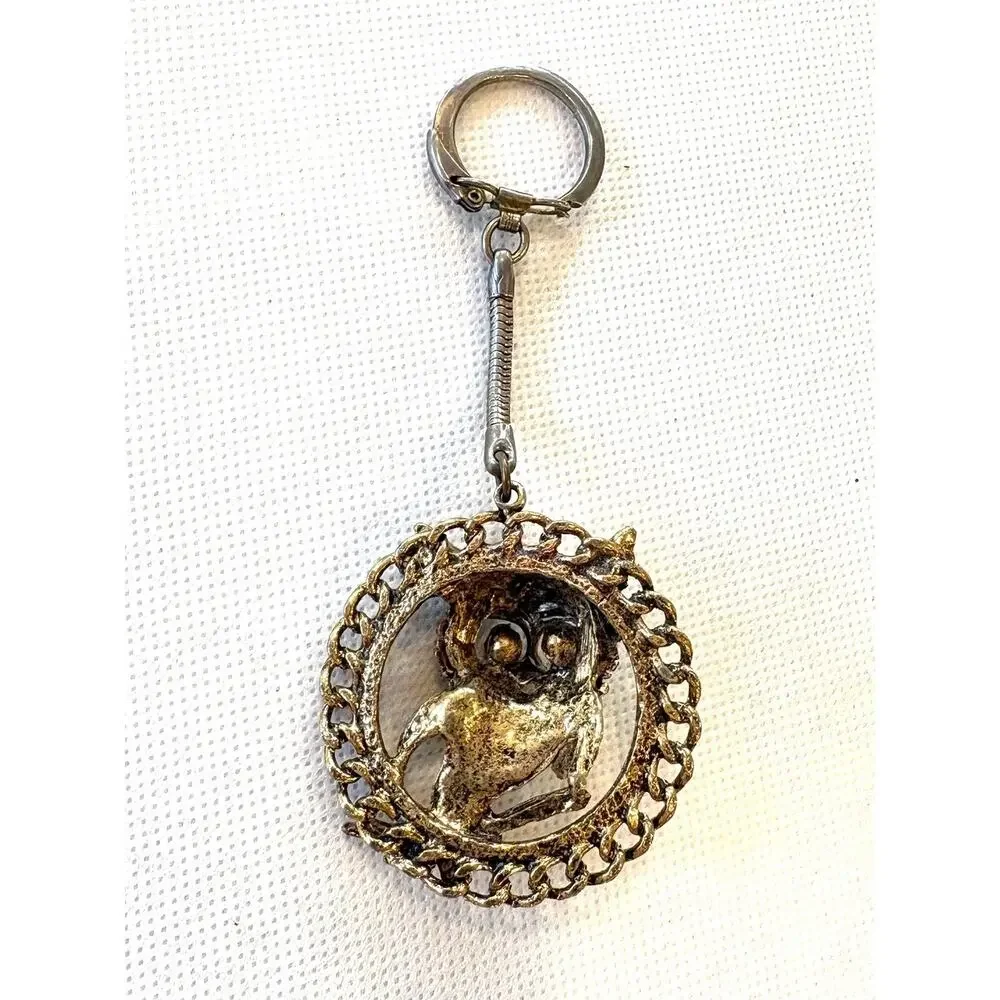 Vintage 1970s Estate Find Owl Keychain Green Rhinestone Eyes Figural Retro Boho
